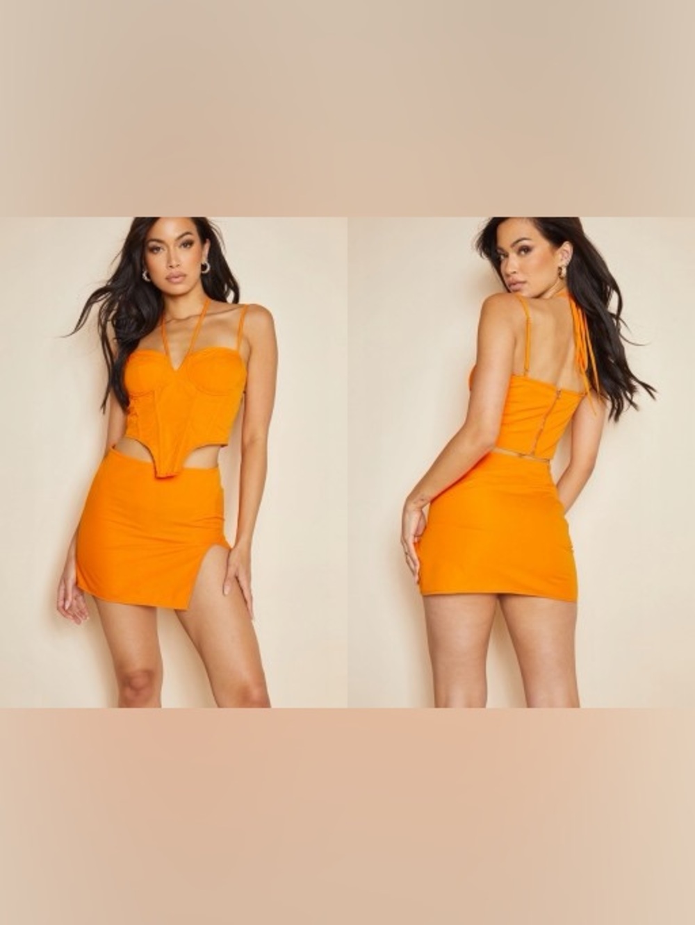 🍊 PrettyLittleThing Orange Corset Top & Mini Skirt Two-Piece Set |Size US 2 XS ✨